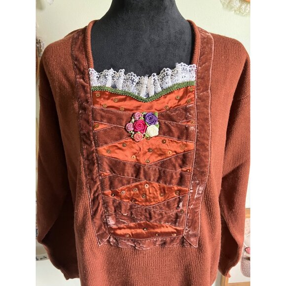 80's vintage Lacy After Noon brown ren faire style cottagecore embroidered sweat - Picture 4 of 6